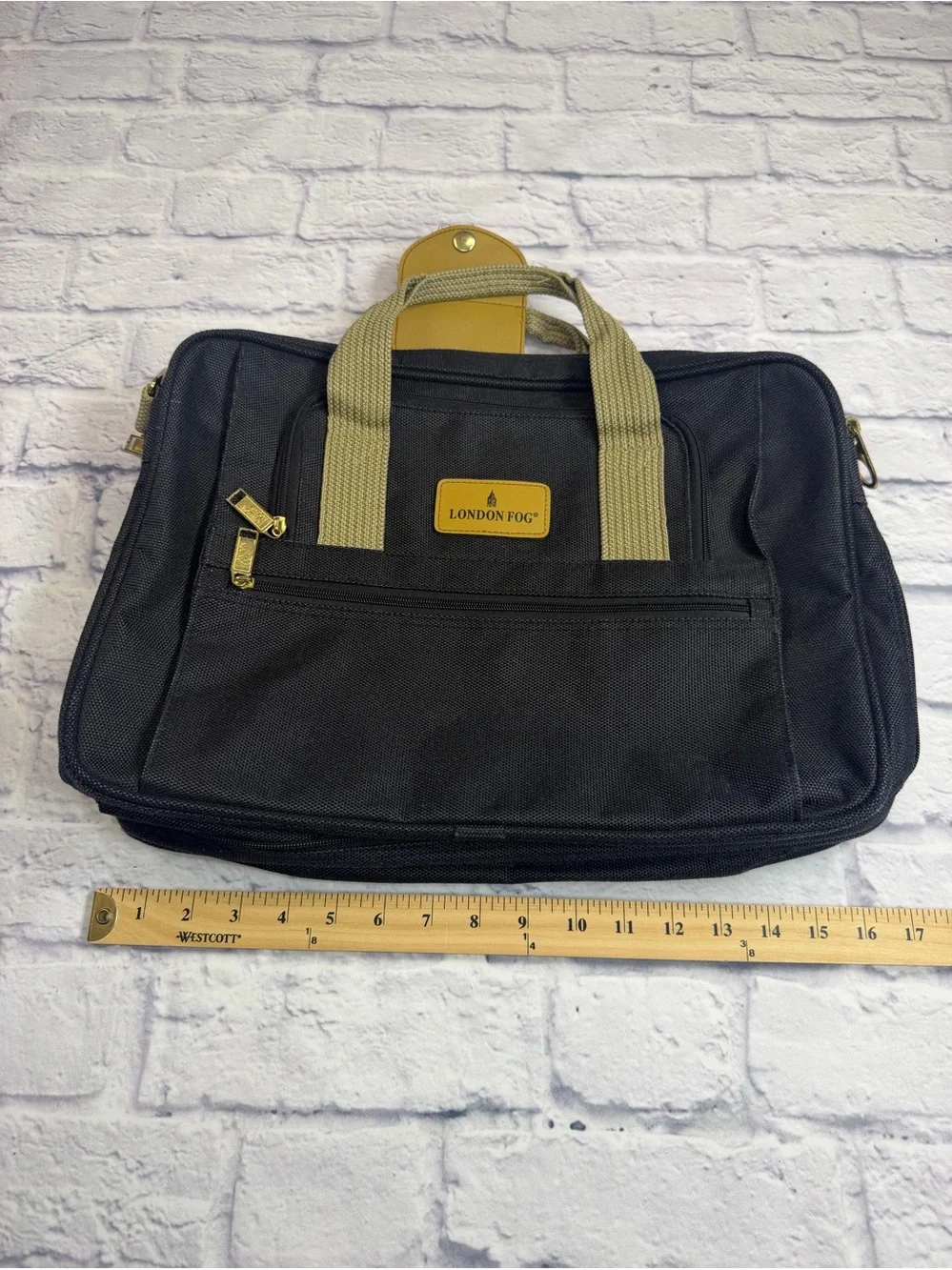 NWOT London Fog Black Laptop Briefcase with Tan Accents & Shoulder Strap.